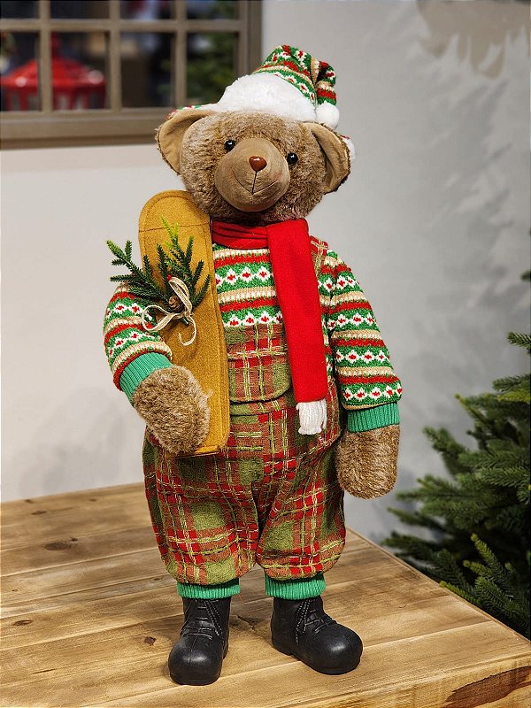 URSO MARROM NATALINO VERDE E VERMELHO 70CM