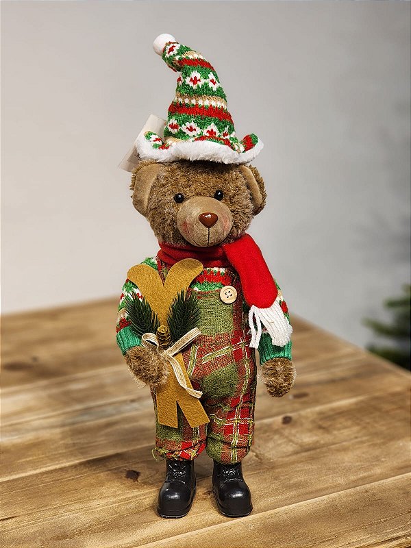 URSO MARROM NATALINO VERDE E VERMELHO 32CM