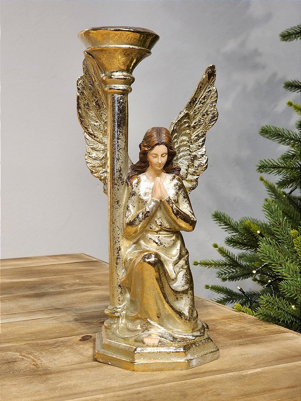 ANJA COM CASTIÇAL DOURADO EM RESINA 32CM