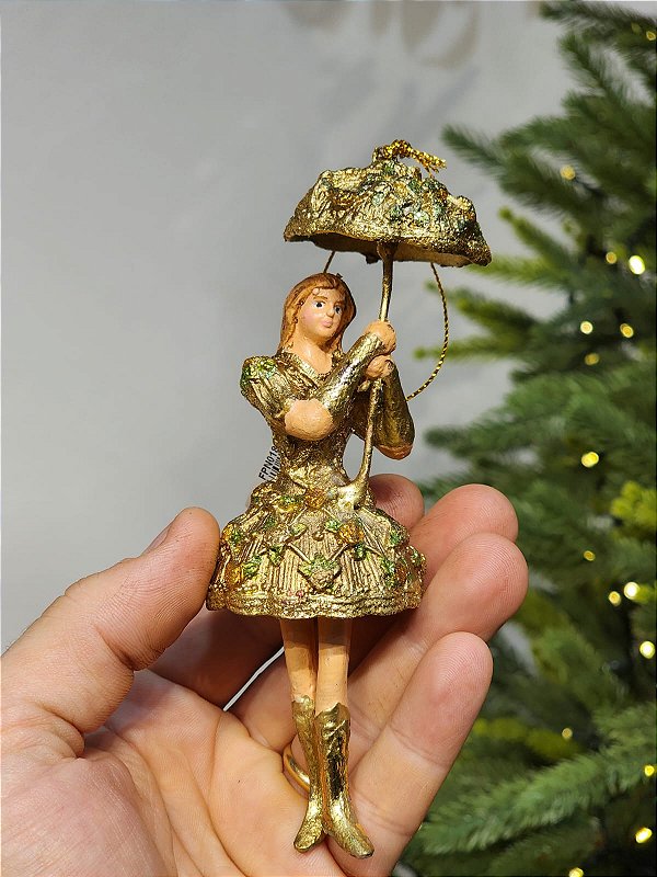 PENDENTE DECORATIVO MENINA EM RESINA VERDE E DOURADO