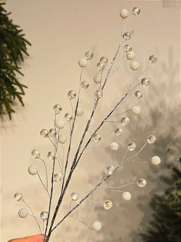 GALHO DECORATIVO ARAMADO PRATA COM CRISTAL E PEROLAS 67CM