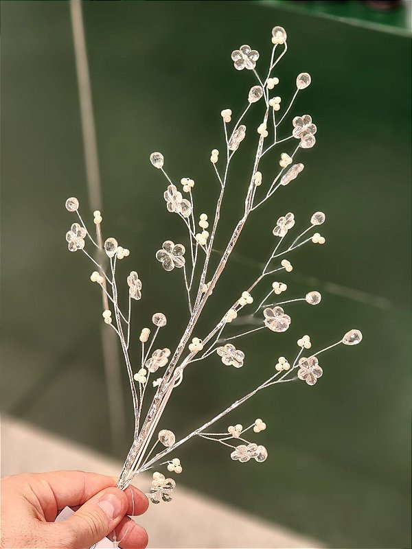 GALHO DECORATIVO ARAMADO COM FLORES DE CRISTAL E PEROLAS 70CM