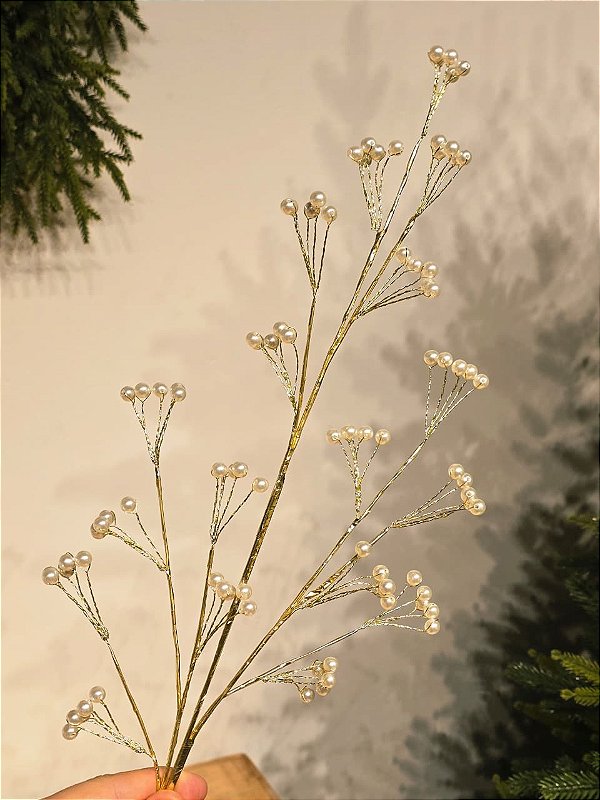 GALHO DECORATIVO ARAMADO DOURADO COM MINI PEROLAS 68CM