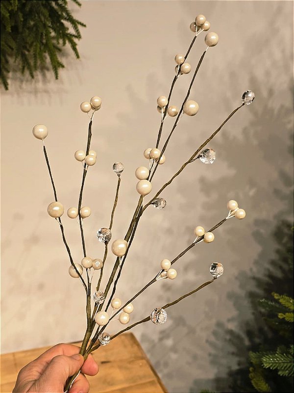 GALHO DECORATIVO ARAMADO COM PEROLAS E BOLAS DE CRISTAL 70CM
