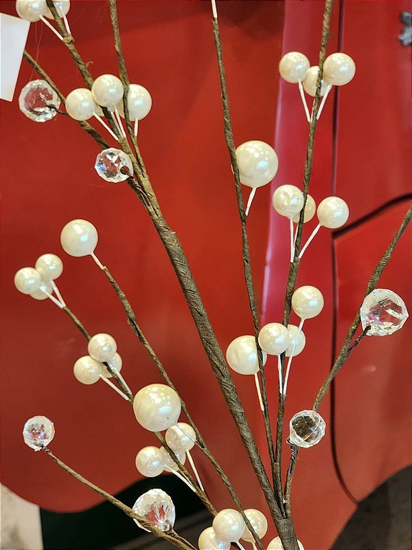 GALHO DECORATIVO ARAMADO COM  PEROLAS E BOLAS DE CRISTAL 70CM