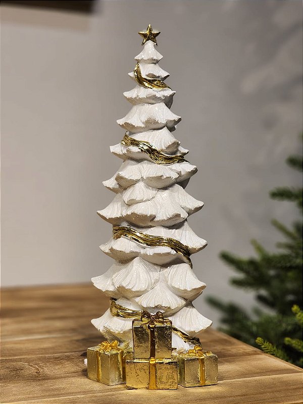 ÁRVORE EM RESINA BRANCO E DOURADO 39,5CM