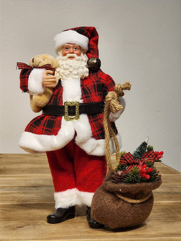 PAPAI NOEL COM URSO E PRESENTES - COLECIONÁVEL - 28CM
