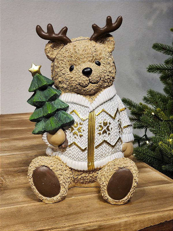 URSO NATALINO SENTADO COM SUETER BRANCO EM RESINA 29,5CM