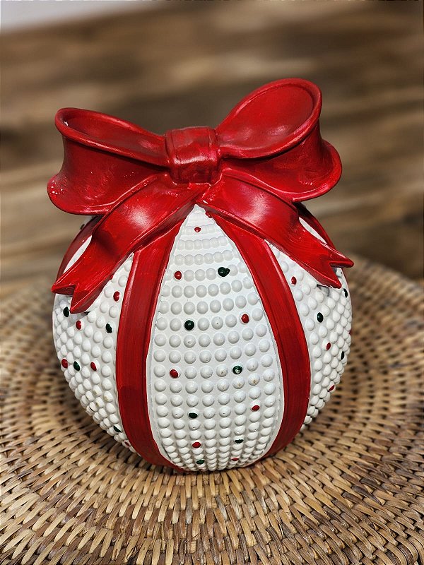 BOLA DECORATIVA BRANCO E VERMELHO EM RESINA 15,2CM