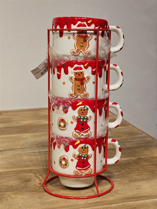 KIT COM 4 XÍCARAS GINGERBREAD E SUPORTE