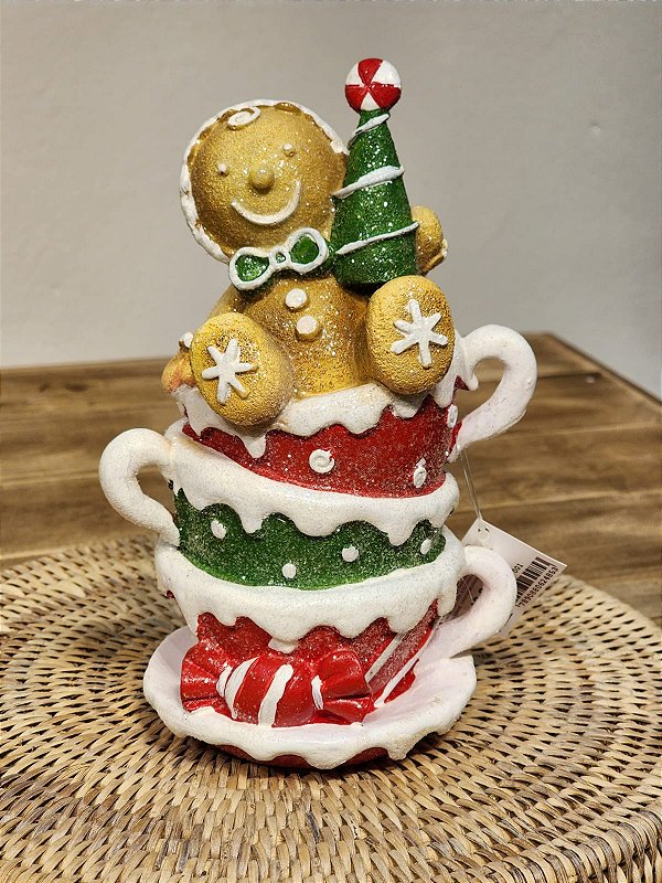 BONECO GINGERBREAD NA XÍCARA EM RESINA 18CM