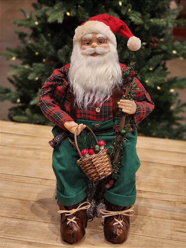 PAPAI NOEL SENTADO XADREZ VERDE E VERMELHO 60CM
