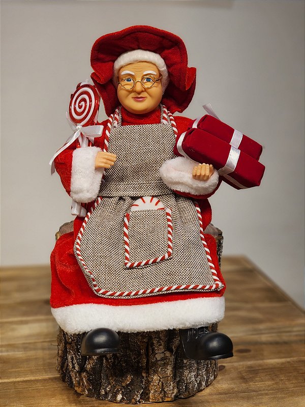 MAMÃE NOEL SENTADA CANDY CANNE VERMELHO BRANCO E BEGE 45CM