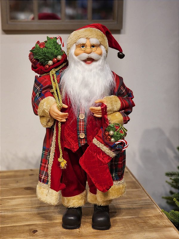 PAPAI NOEL EM PÉ VERMELHO E VERDE XADREZ 60CM