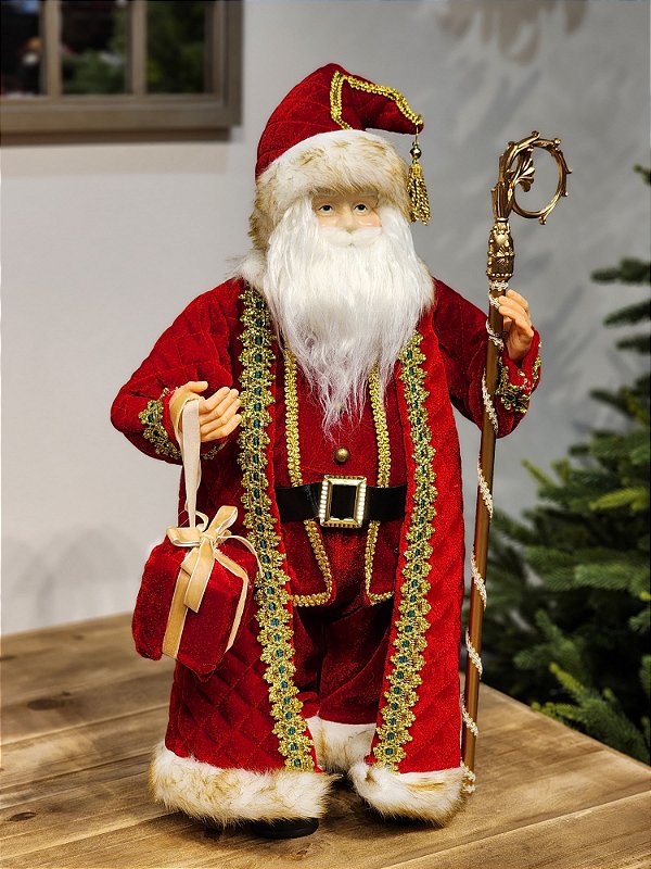 PAPAI NOEL EM PÉ VELUDO VERMELHO COM CAJADO 60CM