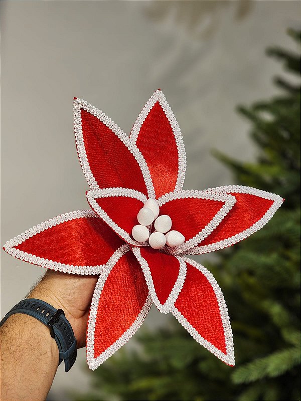 FLOR BICO DE PAPAGAIO AVELUDADO VERMELHO E BRANCO 32CM