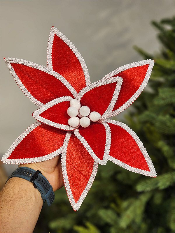 FLOR BICO DE PAPAGAIO AVELUDADO VERMELHO E BRANCO 32CM