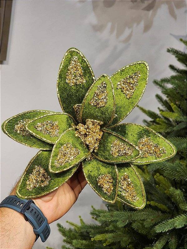 FLOR BICO DE PAPAGAIO AVELUDADO VERDE COM DOURADO 27CM