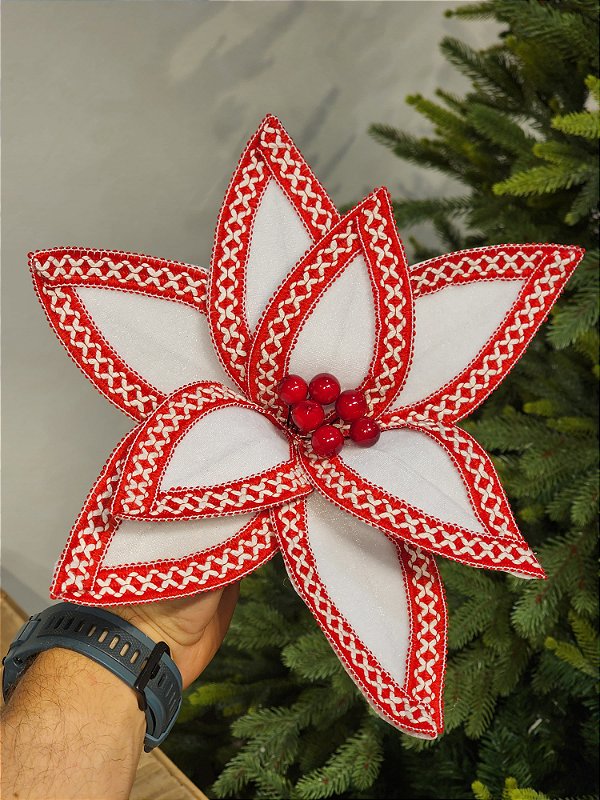 FLOR BICO DE PAPAGAIO BRANCO E VERMELHO BORDADO 28CM