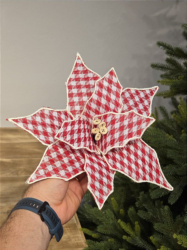 FLOR BICO DE PAPAGAIO VERMELHO E BRANCO XADREZ 28CM