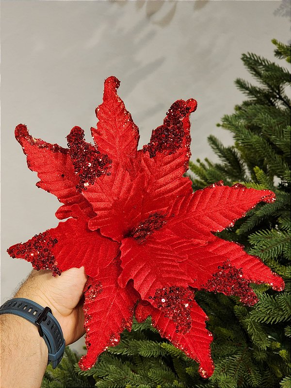 FLOR BICO DE PAPAGAIO AVELUDADO VERMELHO COM GLITTER 32CM