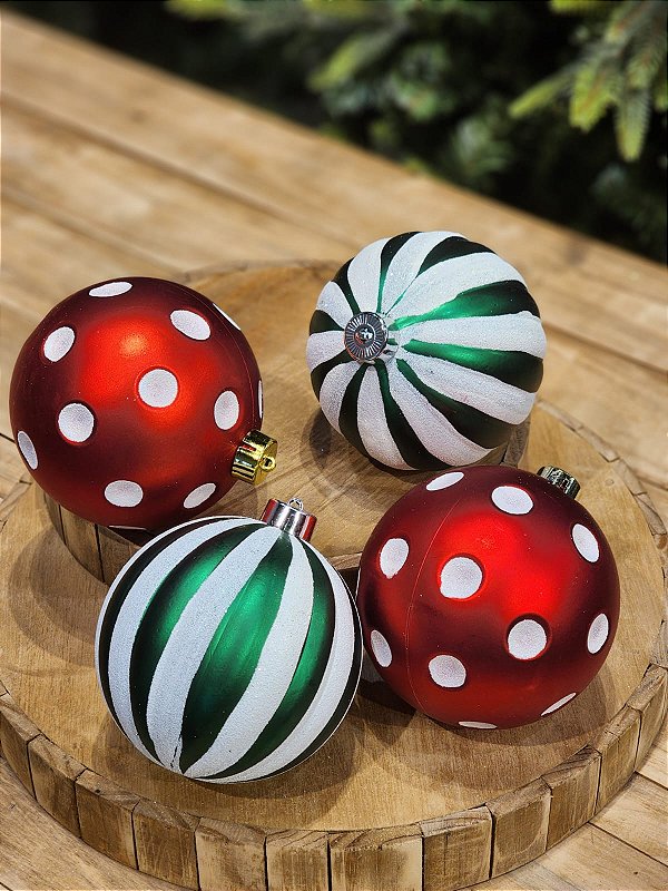 BOLA DECORADA LISTRA POA VERMELHO, VERDE E BRANCO 12CM C/4 UNIDS