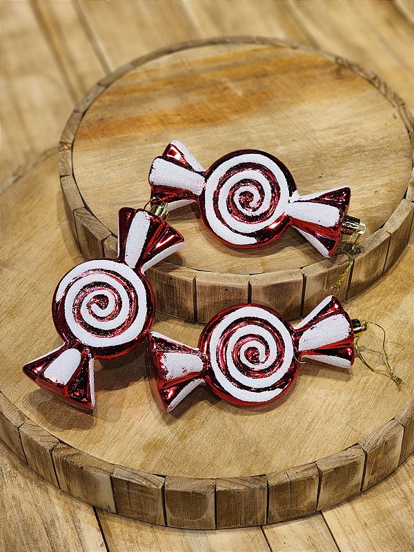 PENDENTE DECORATIVO BALA VERMELHO E BRANCO 14CM C/3 UNIDS