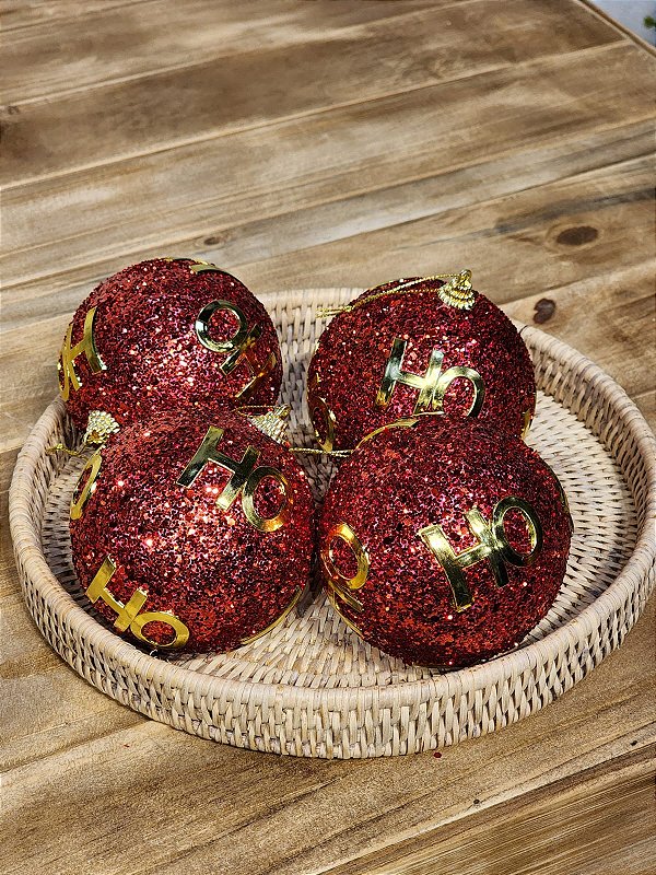 BOLA DECORADA HO VERMELHO E OURO 10CM COM 4 UNID