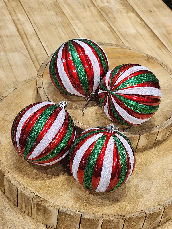 BOLA DECORADA GOMOS VERMELHO,VERDE E BRANCO 10CM C/ 4 UNID