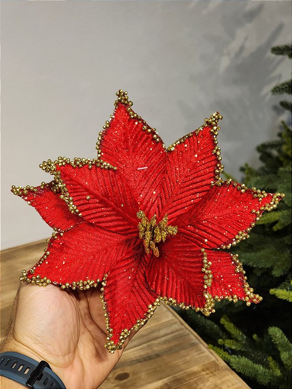 FLOR BICO DE PAPAGAIO VERMELHO COM BOLINHAS OURO 25CM
