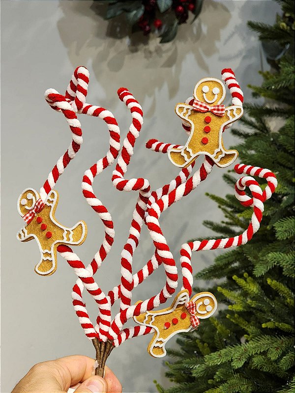 GALHO DECORATIVO CANDY CANNE GINGERBREAD VERMELHO E BRANCO 55CM