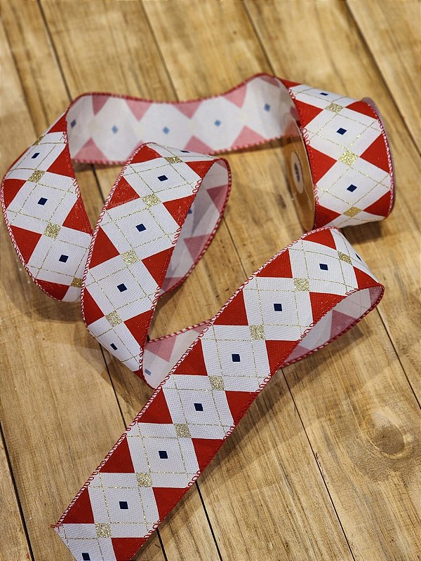 FITA ARAMADA LINHO C/ COSTURA VERMELHO, BRANCO E DOURADO