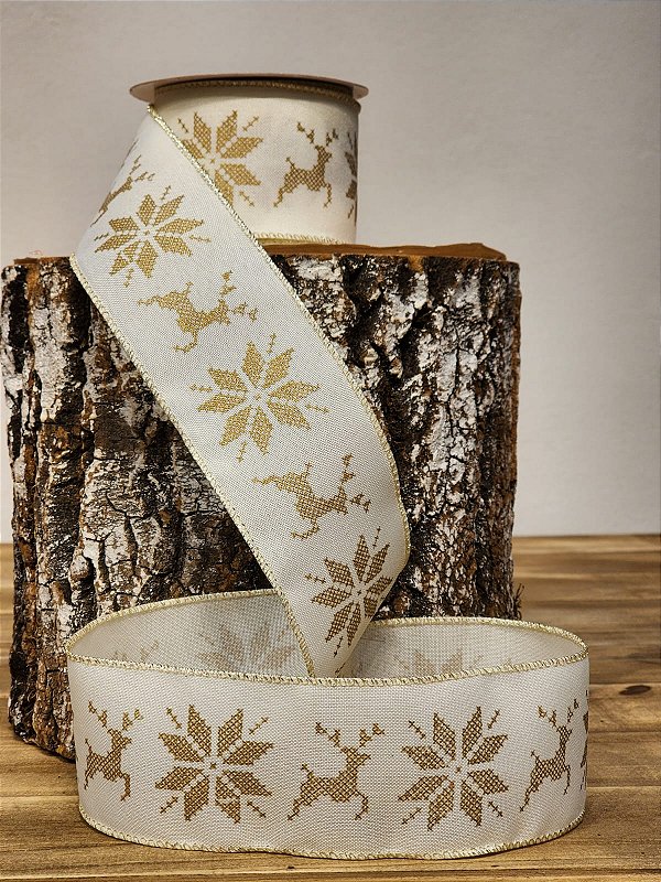 FITA ARAMADA LINHO BRANCO E DOURADO FLOCO DE NEVE