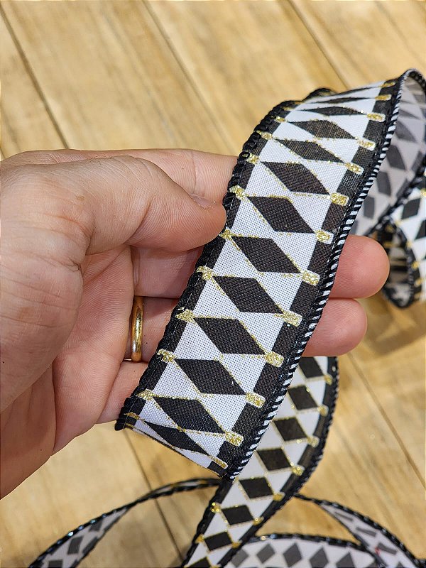 FITA ARAMADA LINHO BRANCO, PRETO E DOURADO