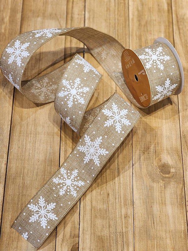 FITA ARAMADA LINHO NATURAL E BRANCO FLOCOS DE NEVE