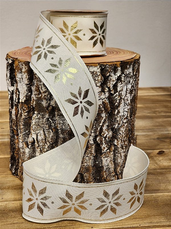 FITA ARAMADA LINHO BRANCO E DOURADO FLOCO DE NEVE