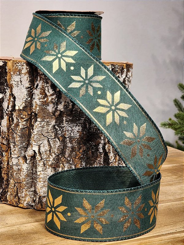 FITA ARAMADA LINHO VERDE E DOURADO FLOCO DE NEVE