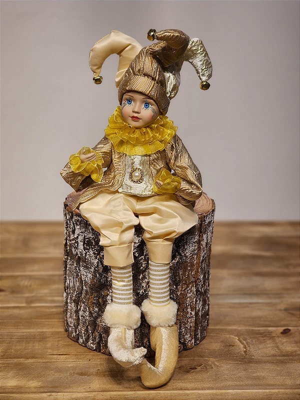 BONECO PIERROT SENTADO ACORDA CHAMPANHE COM DOURADO 42,5CM