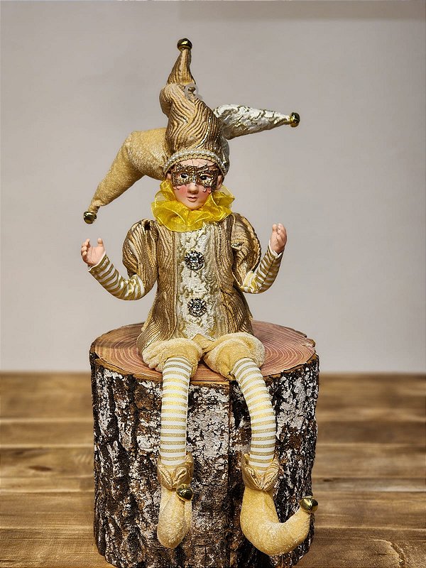 BONECO PIERROT  DOURADO COM CHAMPANHE 45CM