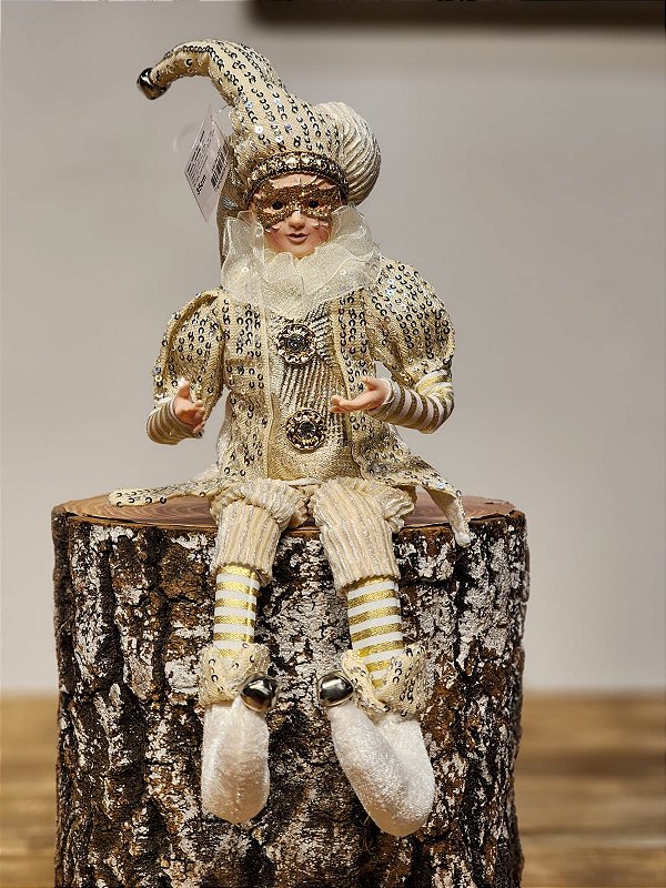 BONECO PIERROT ARTICULADO CHAMPANHE 35CM