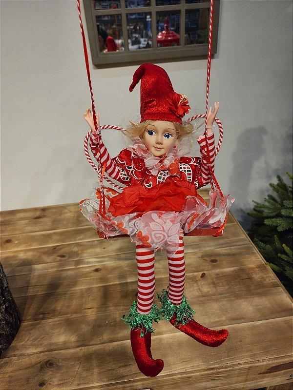 BONECA FADA NO BALANÇO A CORDA VERMELHO E BRANCO 70CM