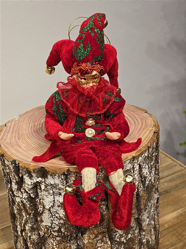BONECO PIERROT VERMELHO E VERDE 30CM
