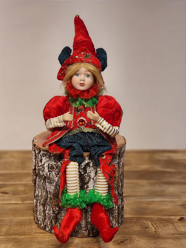 BONECO PIERROT SENTADO A CORDA VERMELHO E VERDE 42,5CM
