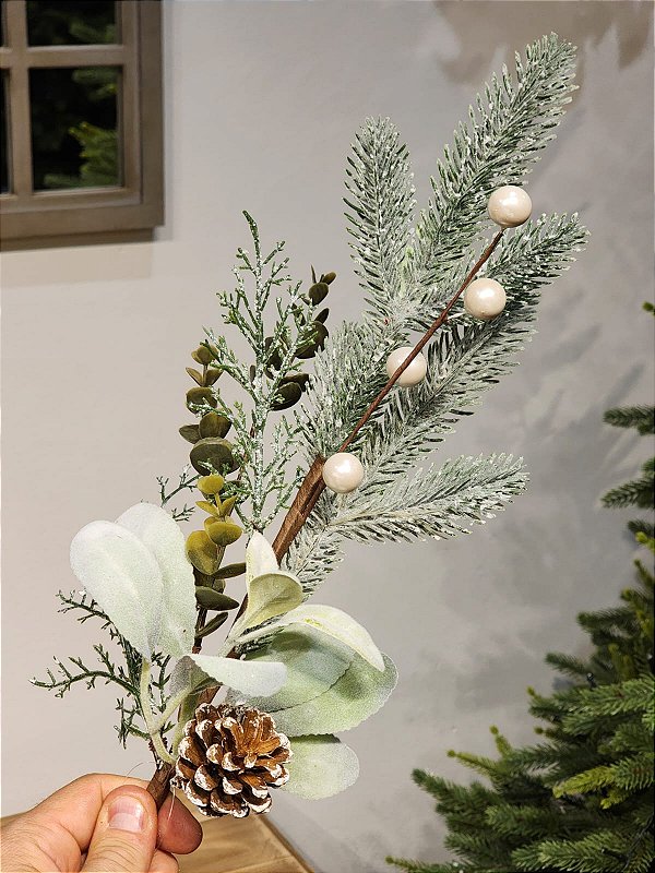 GALHO DECORATIVO FOLHAS COM PINHA 50CM
