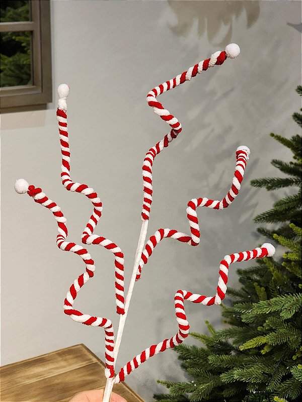GALHO DECORATIVO CANDY CANNE VERMELHO E BRANCO 63CM