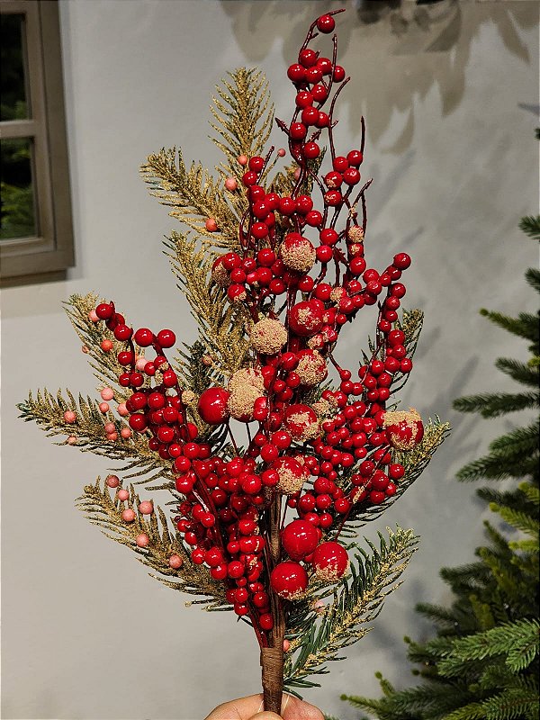 GALHO DECORATIVO BERRY VERMELHO COM FOLHAGENS RÚSTICO  54CM