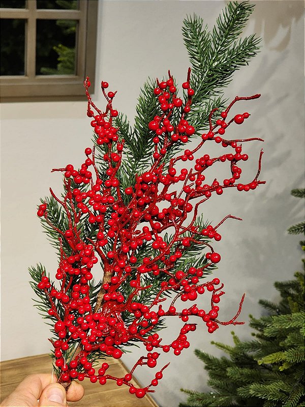 GALHO DECORATIVO BERRY COM FOLHAGEM 71CM
