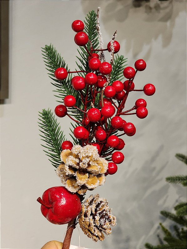 GALHO DECORATIVO BERRY COM PINHA DOURADO 38CM