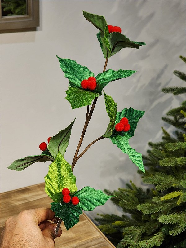 GALHO DECORATIVO FOLHA COM BERRY VERMELHO E VERDE 63CM