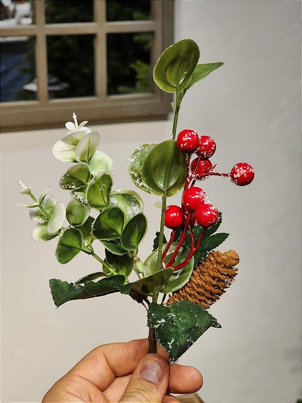 GALHO DECORATIVO PICK BERRY COM PINHA VERMELHO 28CM